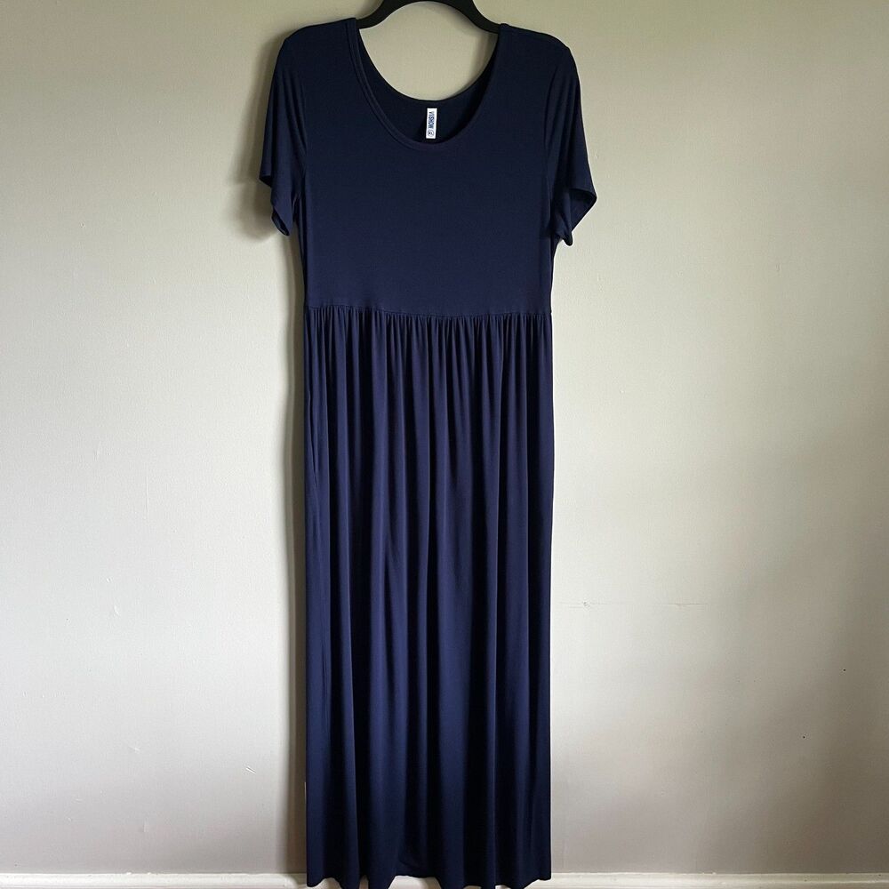 VIISHOW Short Sleeve Empire Waist Maxi Dress Women's XL Navy Blue Pockets